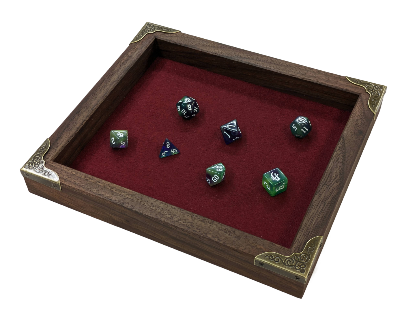 Tabletop Dice Tray - Royal Maroon - Brass Corners - Short