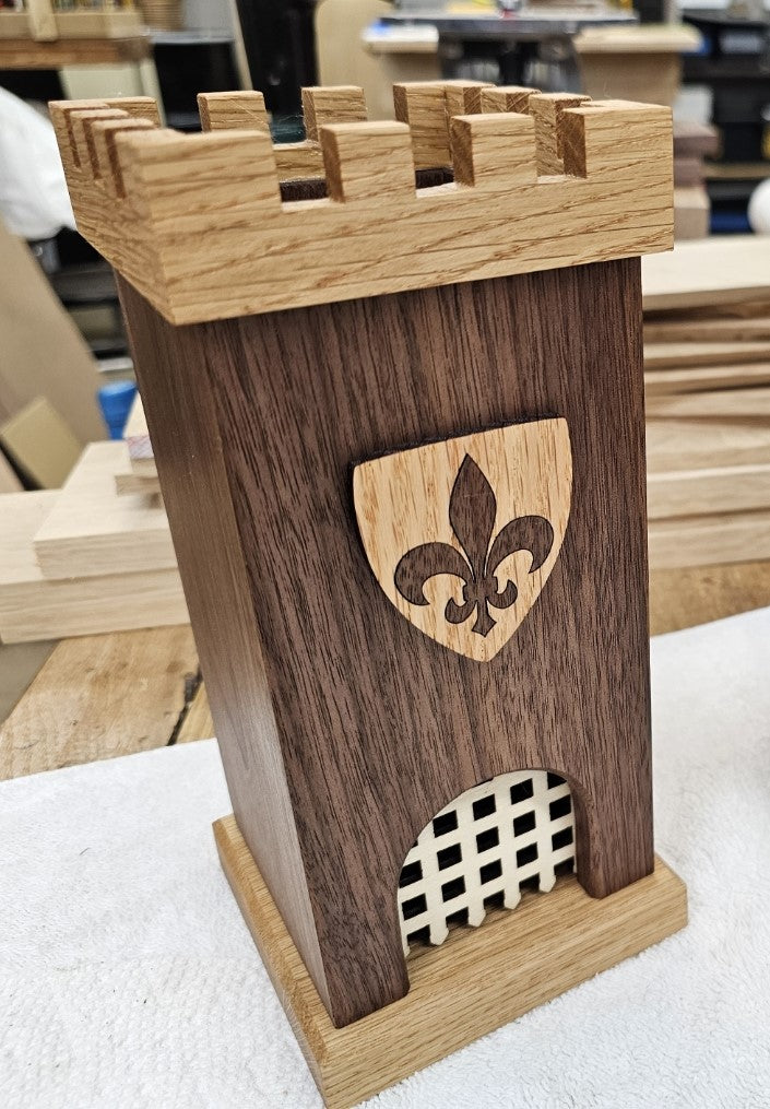 Dice Tower - Walnut and White Oak- Fleur-de-lis