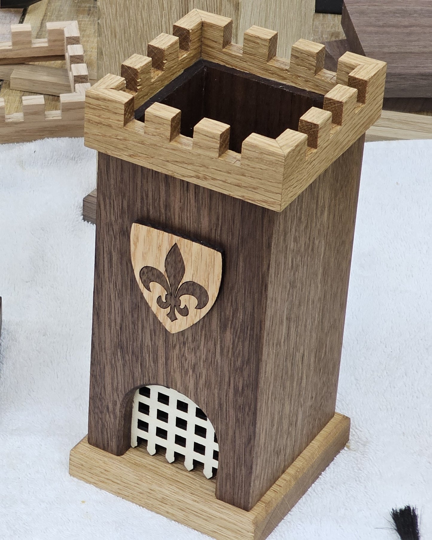 Dice Tower - Walnut and White Oak- Fleur-de-lis